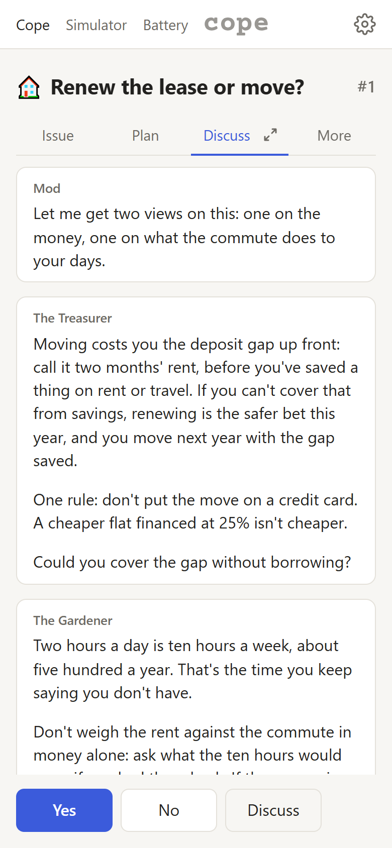The conversation: the Treasurer and the Gardener each answer the same question about moving, in full.